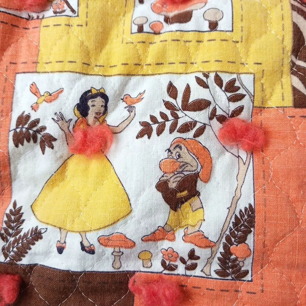 Vtg Handmade Baby Quilt Flannel Disney Snow White Dwarfs MCM Tied